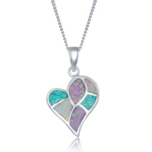 Opalata Sterling Silver White, Pink, and Blue Inlay Opal Heart Mosaic Style 18" Pendant Necklace - Multi - 1 of 2