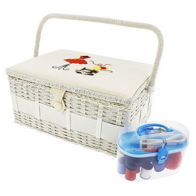 Juvale Vintage Sewing Basket Organizer with Sewing Kit Accessories (13 x 9 x 6 Inches)