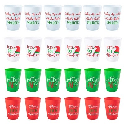 Christmas Plastic Party Cups - 24-Pack Reusable Tumblers, 16-Ounce Plastic Cups Holiday Party Supplies, Assorted, Red, Green, and White, 3.5x4.5"