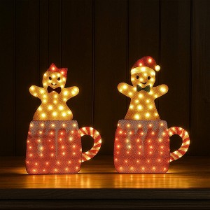 Set of Two Light Up Gingerbread Men in Holiday Mugs Christmas Decoration 40" & 42" Tall - 1 of 4