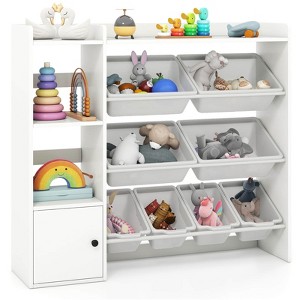 Costway Kids Toy Storage and Bookshelf, Wooden Bookcase with 4 Small Boxes & 4 Large Boxes Gray/White - 1 of 4