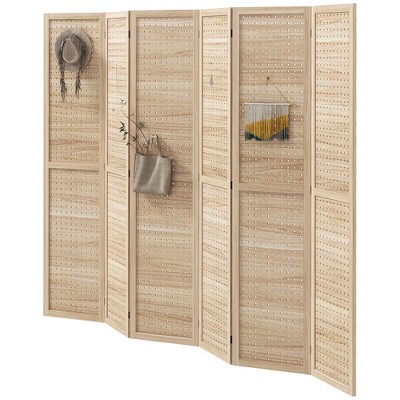 Natural Wood 6-Panel Folding Room Divider with Hook Holes