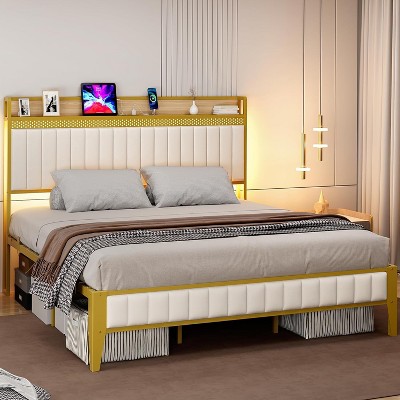 Bed Frame with LED Light and Charging Station, Upholstered Platform Bed with Storage Headboard, Metal Slat, Noise Free, Easy Assembly, Black