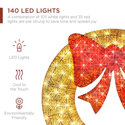 48-Inch Gold and Red Pre-Lit Outdoor Christmas Wreath with LED Lights