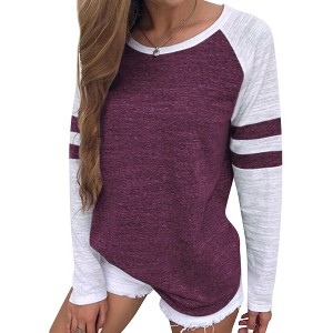 Nlife Women Stripe Splice Shirt Long Sleeve Crew Neck Colorblock Blouse - 1 of 4