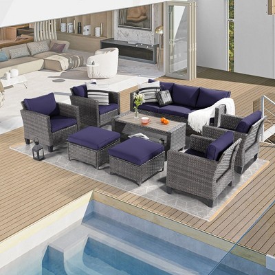 Sonkuki 8-Piece Patio Conversation Set with Ottoman and Side Table, Navy Blue Cushion