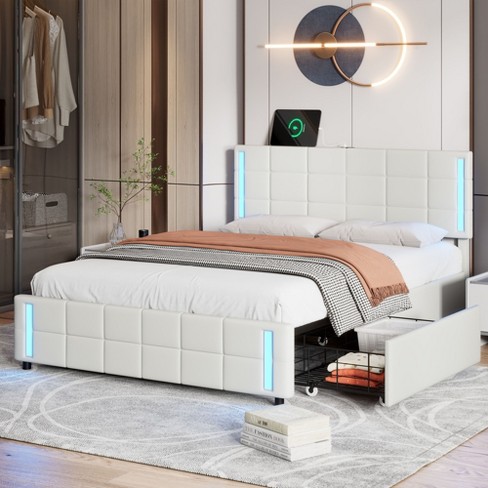 Queen Size Pu Upholstered Platform Bed With Led Lights And Usb Charging ...