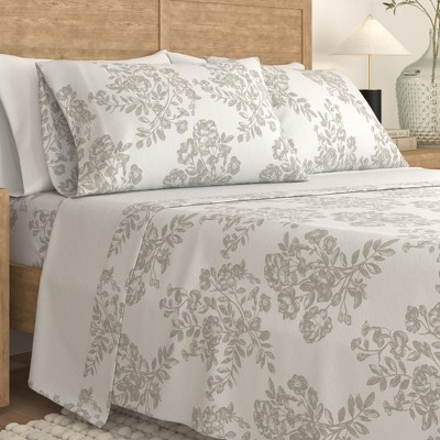 King Grey Toile Print Cotton Flannel Sheet Set