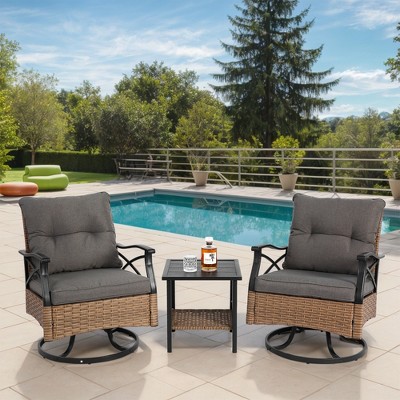 DOMETOUR 3-Piece Outdoor Swivel Rocker Set: 2 Chairs & Table, 350 lbs Capacity, Brown Wicker Patio Furniture