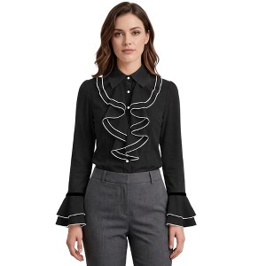 INSPIRE CHIC Women's Ruffled Trim Collared Bell Sleeve Button Down