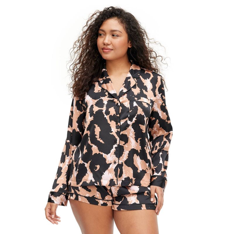 Women's 2pc Long Sleeve Notch Collar Top and Shorts Leopard Neutral Pajama Set - DVF for Target, 4 of 7