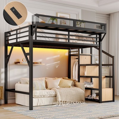 Twin XL Loft Bed with Storage Stairs Shelves and Built-in Wardrobe Metal Loft Bed Frame with LED Lights Noise-reduced Design