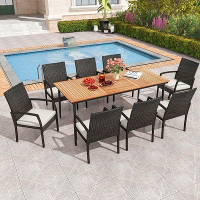 Costway 9 PCS Patio Dining Set Outdoor Acacia Wood Dining Table with 1.9" Umbrella Hole