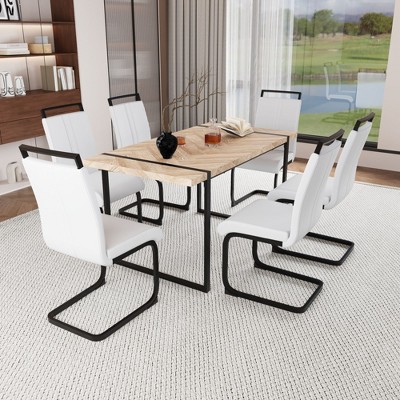 NicBex Dining Room Table Set for 6 Morden Dining Table Set with Oak MDF Tabletop, Metal Legs and 6 PU Chairs for Home Office