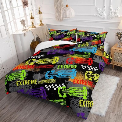 Acoinel 3 Pcs Racing Car Lightwight Ultra Soft Comforter Set with 2 Pillowcases, TWIN, Black