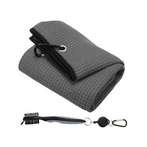 Unique Bargains Microfiber Waffle Tri-Fold Golf Towel with Groove Brush 1 Set 20"x16" - 1 of 4