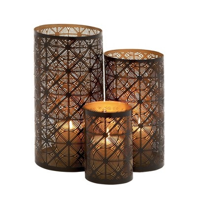 Set of 3 Leafy Cylindrical Contemporary Metal Candle Holders - Olivia & May