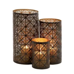 Set of 3 Leafy Cylindrical Contemporary Metal Candle Holders Black - Olivia & May
