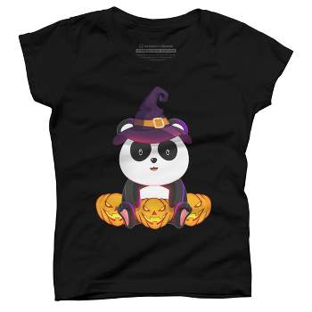 Girl's Design By Humans Cute Panda Mock up Witch With Jack O Lantern Halloween T-Shirt By thebeardstudio T-Shirt