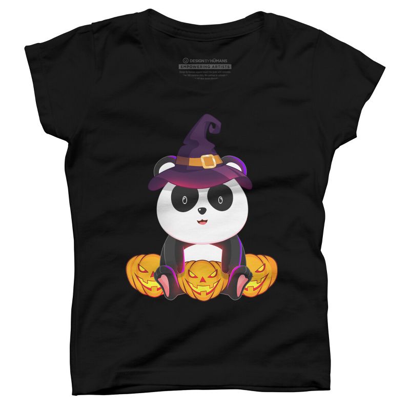 Girl's Design By Humans Cute Panda Mock up Witch With Jack O Lantern Halloween T-Shirt By thebeardstudio T-Shirt, 1 of 4