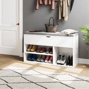 Shoe Storage Bench with Cushion, Entryway Bench with Storage Box & 2-Tier Open Shoe Rack, Wooden Shoe Bench for Entryway, Bedroom - 1 of 4