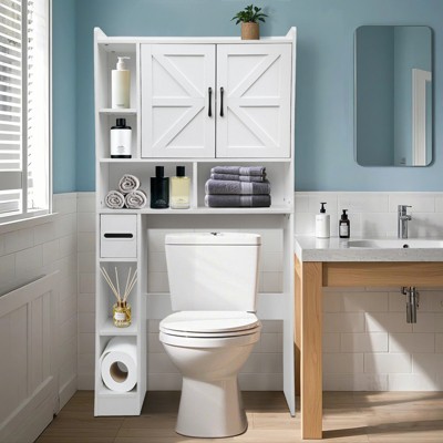 Over The Toilet Storage Cabinet, Space Saving Bathroom Organizer with Toilet Paper Holder, 2 Barn Doors, Storage Shelves