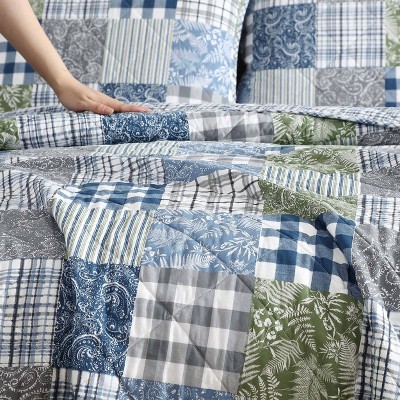 Blue Cotton Twin Reversible Patchwork Quilt Set
