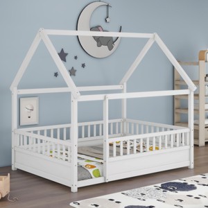 Accent Bed Frame Modern Wood Grain Design with Fence Guardrails for Kids Bedroom Full Size - 3irtyhousy - 1 of 4
