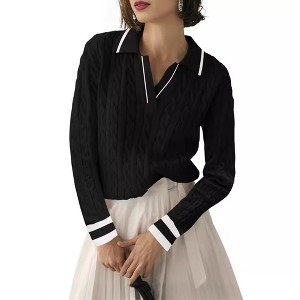Clearlove Womens Sweaters Fall Long Sleeve Lapel V Neck Sweater Cable Knit Pullover Casual Soft Jumper Top - 1 of 2