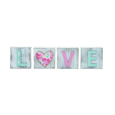 Transpac Wood 5.9 in. Multicolor Valentines Day Floral Love Block Set of 4