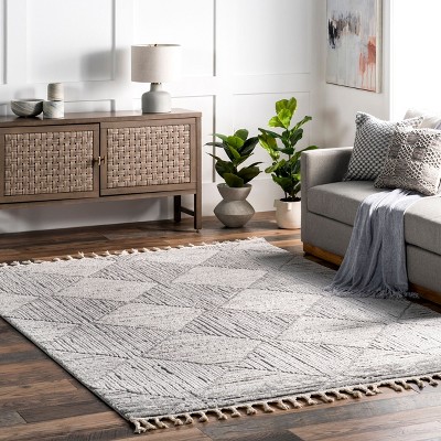 Light Grey Geometric Synthetic Tasseled Area Rug Runner