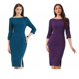 INSPIRE CHIC Women's Elegant Boat Neck 3/4 Sleeves Work Midi Split Sheath Dress 2 Packs - 1 of 4