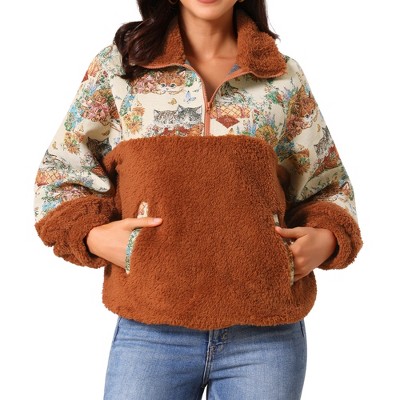 INSPIRE CHIC Women's Winter Long Sleeve Lapel Half Zip Faux Fur Solid Panel Pullover Sweatshirt with Pockets