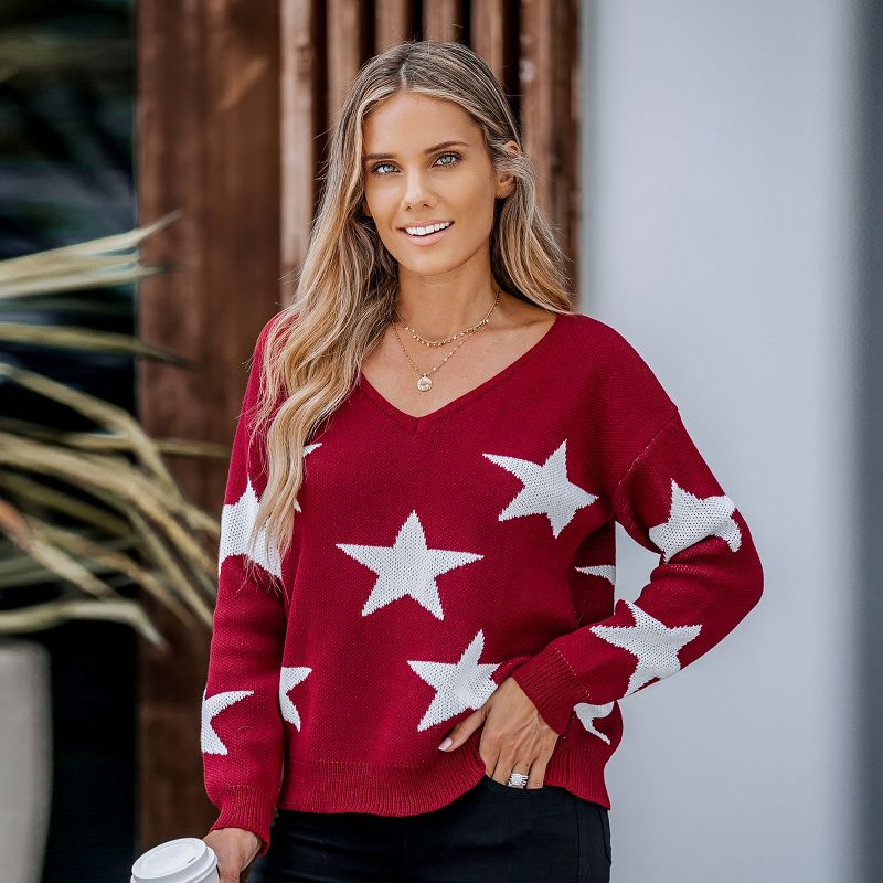 Women's Star Pattern V-Neck Drop Sleeve Sweater - Cupshe, 4 of 8