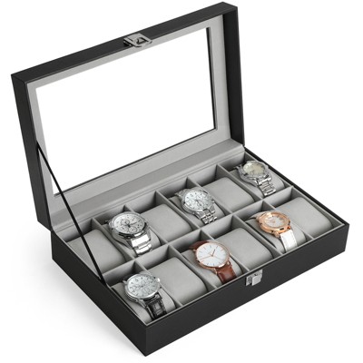 12-Slot Watch Box, Large Glass Lid, Removable Pillows, Organizer in Black Synthetic Leather - Perfect Gift for Loved Ones