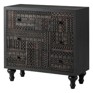COZAYH Farmhouse 3 Drawer Dresser, Vintage Accent Nightstand, Home Bedroom Wooden Side Table with Geometric Carved Pattern, Mid-Century Style, Black - 1 of 4