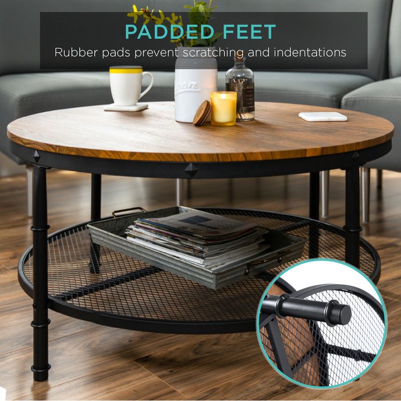 Best Choice Products 2-Tier Round Coffee Table, Rustic Accent Table w/ Wooden Tabletop, Padded Feet, Open Shelf, 5 of 11