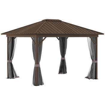 Outsunny 11.9" x 9.8" Hardtop Gazebo with Curtains and Netting, Permanent Pavilion Metal Roof Gazebo Canopy with Aluminum Frame and Top Hook, Gray