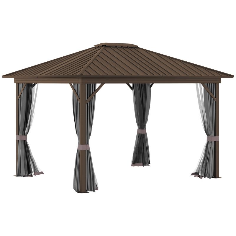 Outsunny 11.9" x 9.8" Hardtop Gazebo with Curtains and Netting, Permanent Pavilion Metal Roof Gazebo Canopy with Aluminum Frame and Top Hook, Gray, 1 of 7