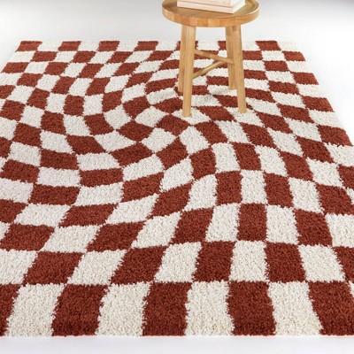 Rust and White Geometric Shag Area Rug for Kids 5'3" x 7'