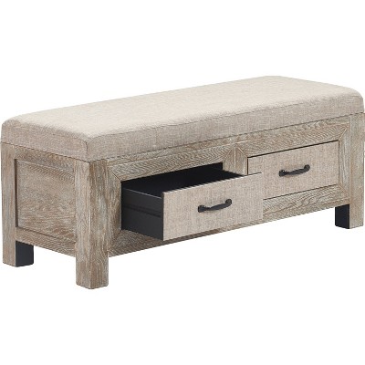 Weathered Ash Cottage-Inspired Upholstered Storage Bench with Black Metal Accents