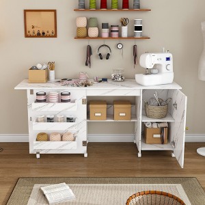 Racxily 57.5" Foldable Sewing Table, Multi-Storage Craft Station with Locking Casters, White - 1 of 4