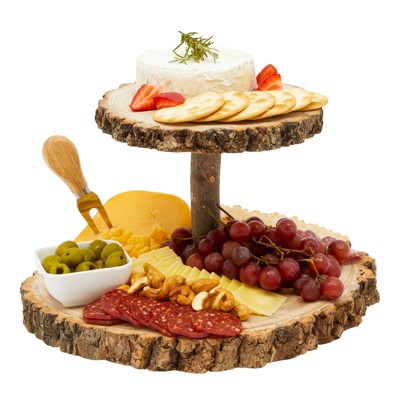 Farmlyn Creek 2-Tiered Rustic Wood Cake Stand for Cupcakes, Desserts, Tree Stump Server for Appetizers, and Hors d'oeuvres, 12 x 8 In