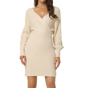 Seta T Women's Wrap Deep V Neck Lantern Sleeve Fall Winter Mini Sweater Dress - 1 of 4