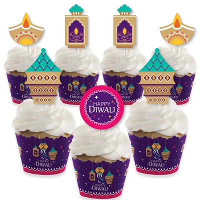 Big Dot of Happiness Happy Diwali - Cupcake Decoration - Festival of Lights Party Cupcake Wrappers and Treat Picks Kit - Set of 24