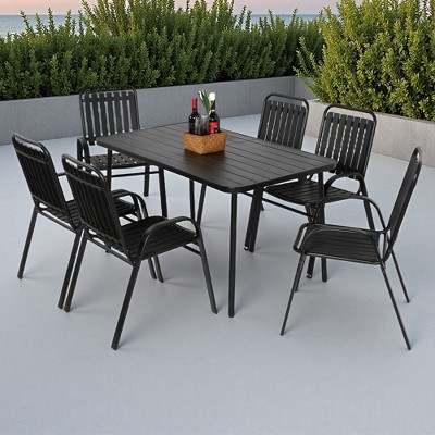 7-Piece Outdoor Patio Dining Set with 55" Steel Rectangular Table and 6 Armchairs
