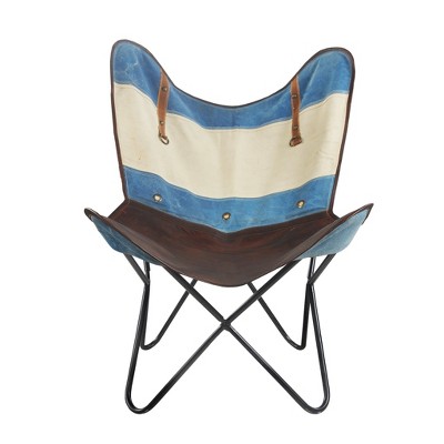 HomeRoots 30" Blue and Brown Canvas And Genuine Leather Striped Butterfly Chair