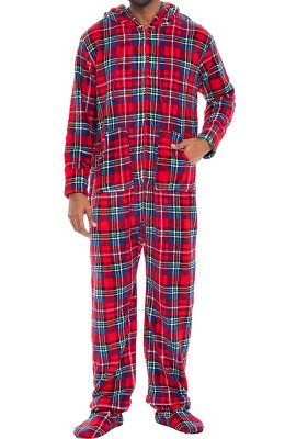 ADR Men's Hooded Footed Adult Onesie Pajamas Set, Plush Winter PJs with  Hood Gray Plaid 3X Large