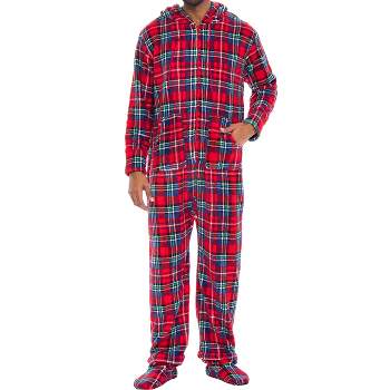 Alexander Del Rossa Men's Warm Fleece One Piece Hooded Footed Zipper Pajamas, Soft Adult Onesie Footie with Hood for Winter