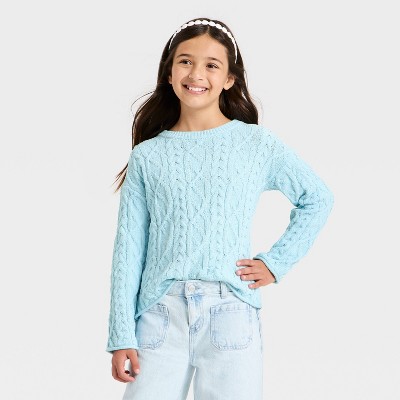 thumbnail image 2 of Cat & Jack Girls Blue White Open Front Long Sleeve Cardigan Sweater 2 of 5